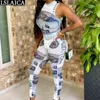 Fashion Dollar Print Two Piece Set Top och Byxor Kvinnor Ärmlös O Neck Sexig Bodysuit Långbyxor Sweatsuits Set Vestiti 210520