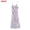 Tangada Fashion Flowers Fleurs roses Imprimer Robes d'été pour Femmes Côté Bow plissé Femme Casual Dress CE193 210609