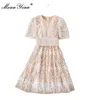 Fashion Designer dress Summer Women's Dress O-neck Short sleeve Lace Splicing Embroidered Elegant white Mini 210524