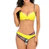 Push up biquíni conjunto de maiôs de patchwork impressão ruched swimwear mulheres sexy biquinis biquini cinta amarelo praia desgaste verão xxl 210604