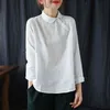 Johnature Cotton Shirt Blusas Vintage Mulheres Color Sólida Panos Primavera Peter Pan Collar Manga Longa Botão Casual Camisas 210521