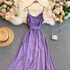 Kimutomo Simple Fashion Dress Sexig Off Shoulder Lace Up Waist V-Neck Single Breasted Spaghetti Strap Robe Lady Solid Vestido 210521