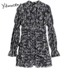 Yitimuceng складывает цветочные пинты мини платья женщины половина высокого воротника a-line длинные рукава оболочка черное лето модное платье 210601