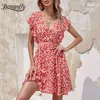 Surplice Neck Ruffle Sleeve Print Mini Dresses Women Boho Holiday Casual High Waist Female A-Line Summer Dress 210510