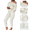 Neue Damen Damen Solid Schulterfrei Zopfmuster Warmes Loungewear-Set Herbstpullover Damenpullover Winterkleidung Anzug