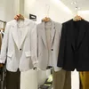 Kvinnor Vit Linne Blazers Coat Jacket kostym Lös lång sommar Kvinna Solid One Button Covered Fickor Office Ladies 210930