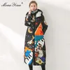 Högkvalitativ Kvinnor Vinterbanan Coats Hooded Collar Cartoons Tryckt Elegant Vit Duck Down Long Jacket Outwear 210524
