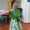 Korejpaa Women Sets Summer Korean Chic Age-reducing Linen Pattern Slim-Fit Sweater High-Waist Milk Box Print A-Line Skirt 210526