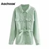 Aachoae Women Fashion Green Jeans Jacket met Riem Losse Lange Mouw Denim Jassen Draai Kraag Streetwear Pockets Coat 210413