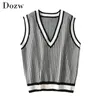 Vintage Houndstooth Vest Sweater Mulheres Chic V Neck xadrez sem mangas Pullover Tops Casual Solto Malha Colete 210414
