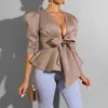 Femmes Blouses Chemises Élégantes Dames Chemise À Volants Sexy Col En V Bowknot Designer Clubwear Automne 2021 Plus La Taille Tops Femmes Blouse Bureau Fa