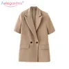 Aelegantmis Bureau Dame À Manches Courtes Blazer Femmes Haute Qualité Poches s Veste Femme Lâche Kaki Manteau Coréen Chic 210607