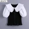 Zevity Women Sweet White Peter Pan Collar Patchwork Black Slim Short Blouse Female Puff Sleeve Shirt Chic Blusas Tops LS9385 210603