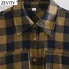Women Vintage Double Pockets Decoration Plaid Print Casual Blouse Office Lady Retro Breasted Shirt Chic Blusa Tops LS7456 210416