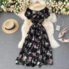 Neploe Spring Slash Neck Slim Sleeve Dress Pieghettato Stile Francese Stile Chic Flower Print Vestidos Abiti da donna in vita alta 210423