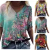 Sommar Kvinnors Digital Tryckta TEE Top Short Sleeve T-shirt Casual Loose Floral Print V Neck Pullover Tshirts 210517