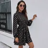 Autumn Spring Dress Fashion Black Elegant Ladies Gold Dots Print A Line Dresses For Women Party Clothes New Arrival Fall 210415