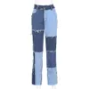 Frühling Patchwork Hohe Taille Gerade Denim Hosen Frauen Casual Dünne Zerrissene Jeans Capris Tasche Lange Hosen Damen Streetwear 210518