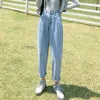 Singelbröstknapp Jeans Kvinnor Summer Fashion High midja Pencil Pants Girls Harajuku Loose Causal Street Wear Denim Pants 210412
