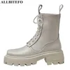 Allbitefo Vattentät plattform Skor Äkta Läder Kvinnor Stövlar Höst Fashion High Heel Shoes Ankel Boots Motocycle Boots 210611