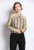 Spring Summer Fall Runway Vintage Striped Print Collar Long Sleeve OL TurnDown Neck Womens Party Casual Top Shirts Blouse 210401