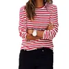 Women T-Shirt Casual Red White Striped Print Long Sleeve Loose Female Basic O-Neck Tops Fashion Ladies Streetwear 210522