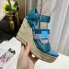 Designer womens fashion high-heeled sandals party sexy high-heeled shoes hemp rope woven thick soled authentic leather summer slope heel Sandals 10cm 35-41