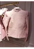 Fashion design womens pink color elegant tweed woolen beading rhinestone buttons long sleeve blazer coat casacos SML