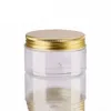 100 ml 200 ml Gläser Transparente PET-Kunststoff-Aufbewahrungsdosen Boxen Runde Flasche mit goldenen Aluminiumdeckeln RRD7038