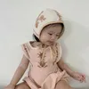 ベビーガール手刺繍ロンパース生まれたコットンリネンノースリーブジャンプスーツ幼児ビンテージラグジュアリーロンパース夏の衣装210615