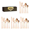 Serveringar Satser Guld Svart Silverware Satin Finish 20piece Rostfritt stål bestick set porslin bestick service 5 redskap för kök diskmaskin säkra