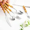 20Pcs 5Pcs Creative Nature Bamboo Cutlery Set 304 Stainless Steel Steak Cutlery Tableware set Spoon and Fork Hign-end Quality 211108