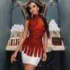Trendy Grid Braided Design Two Pieces Set High Neck Celebrity Party Club Bandage Tops Skirt Suit 210527