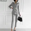 Koreanska Vintage Ol Stil Plaid Två Piece Sets Outfits Höst Single-Breasted Belted Coat + Ankellängd Byxor Suits 210518