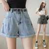 Zomer Casual Denim Women's Shorts met gordel Mid Taille Wide Pen Vintage Losse Vrouwelijke Jeans Pocket 210428