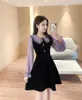 Sıradan elbiseler vintage kadife siyah elbise standı boyun fener kollu parti yüksek bel ince vestidos Koreli zarif kadın
