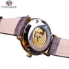 Orologio Forsining di lusso in oro bianco con display in pelle marrone, fasi lunari, moda, scheletro a mano blu, orologi meccanici automatici da uomo impermeabili