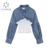 Automne manches bouffantes Denim Blouse femmes Patchwork Vintage col rabattu Slim dames chemisier court chemises femme Crop hauts Blusas 210417