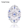 Pins, Brooches Rhodium Oval Rhinestone Blue/Clear Crystal Brooch Pin For Female Wedding Jewelry Promotion Sparkling Fashion Trendy, BH8353