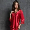 Sexy Satin Pajama Осень Pijama Femme Ночные костюмы Дамы с длинным рукавом + Брюки 2 шт. Набор Silk Pajamas Homewear 210330