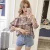 Kvinnors Blusar Skjortor Fashion Sweet Floral Women Summer Chiffon 2022 Puff Sleeve Tre fjärdedel Off-Shoulder Sexig Slash Neck Q189