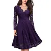 Women Elegant vintage Sexy V Neck Floral Lace evening long sleeve Slim Tunic Work office Casual Party Swing Skater A-Line Dress