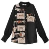 Korean Style Women Vintage Long Sleeve Print Shirt Fashion Turn-down Collar Office Lady Blouse Black Tops 8166 50 210521