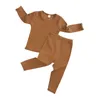 Wiosna Jesień Spadek Zima Chłopcy Dziewczęta Dzieci Bawełniane Ubrania Zestaw Rib Tkaniny Koszula + Spodnie Dzieci Loungewear 211109
