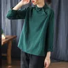 Johnature Cotton Shirt Blusas Vintage Mulheres Color Sólida Panos Primavera Peter Pan Collar Manga Longa Botão Casual Camisas 210521