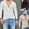 Erkek Sonbahar Keten T Gömlek Erkek Seksi Derin V Boyun Slim Fit T-Shirt Casual Beyaz Uzun Kollu Tee Tops S-2XL