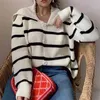 Jesień Zima Kobiety Sweter Koreański Hit Color Striped Causal Dzianiny Cardigan Z Długim Rękawem Odwróć Kołnierz Knitwear Outerwear 210514
