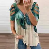 Sommar Sexig Off Shoulder Print V-Neck Kortärmad Zipper Midi T-shirt För Kvinnor Casual Loose Tunika Toppar Tee Plus Size 210720