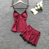 2020 Women Pajamas Sets Satin Sleepwear Silk 4 Pieces Nightwear Pyjama Spaghetti Strap Lace Sleep Lounge Pijama With Chest Pads X0526