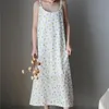 Johnature Vintage Summer Dress Stampa dritta senza maniche a metà polpaccio Spaghetti Strap O-Collo Casual Cotton Women Dress 210521